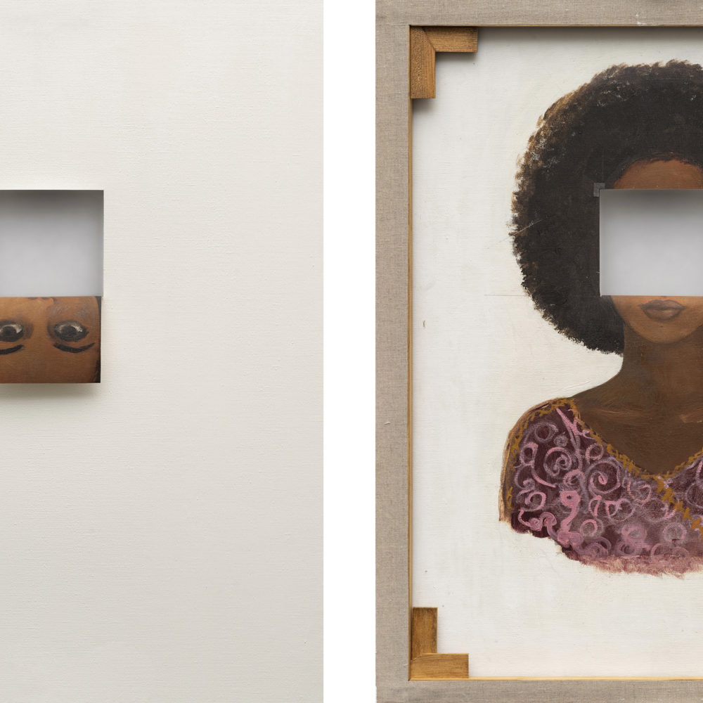 [Description: Valeska Soares, Duplaface (Branco de titânio), 2017. Oil and cutout on existing oil portrait, 71 x 56cm. Courtesy MASP]
