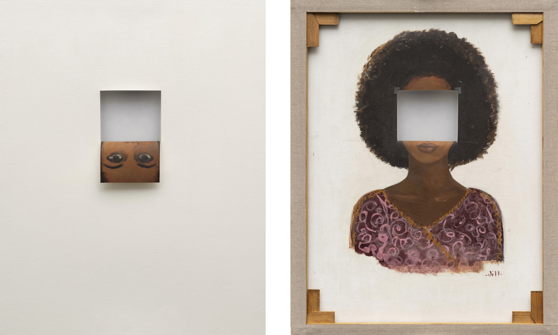 [Description: Valeska Soares, Duplaface (Branco de titânio), 2017. Oil and cutout on existing oil portrait, 71 x 56cm. Courtesy MASP]