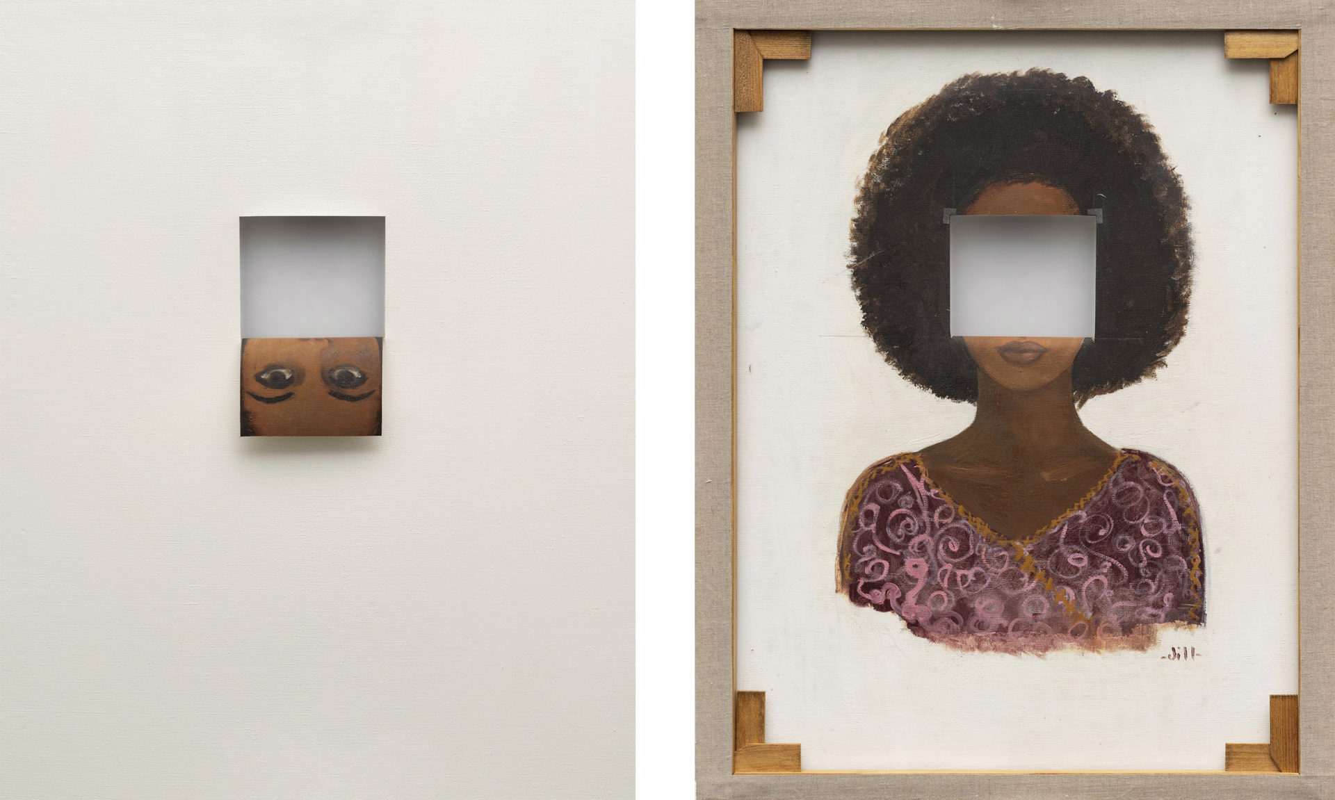 Valeska Soares, <i>Duplaface (Branco de titânio)</I>, 2017. Oil and cutout on existing oil portrait, 71 x 56cm. Courtesy MASP
